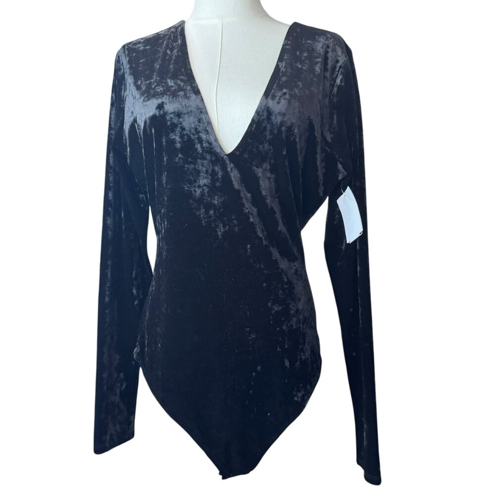Good American Crushed Velvet Long Sleeve Bodysuit Black Size XL | NWT